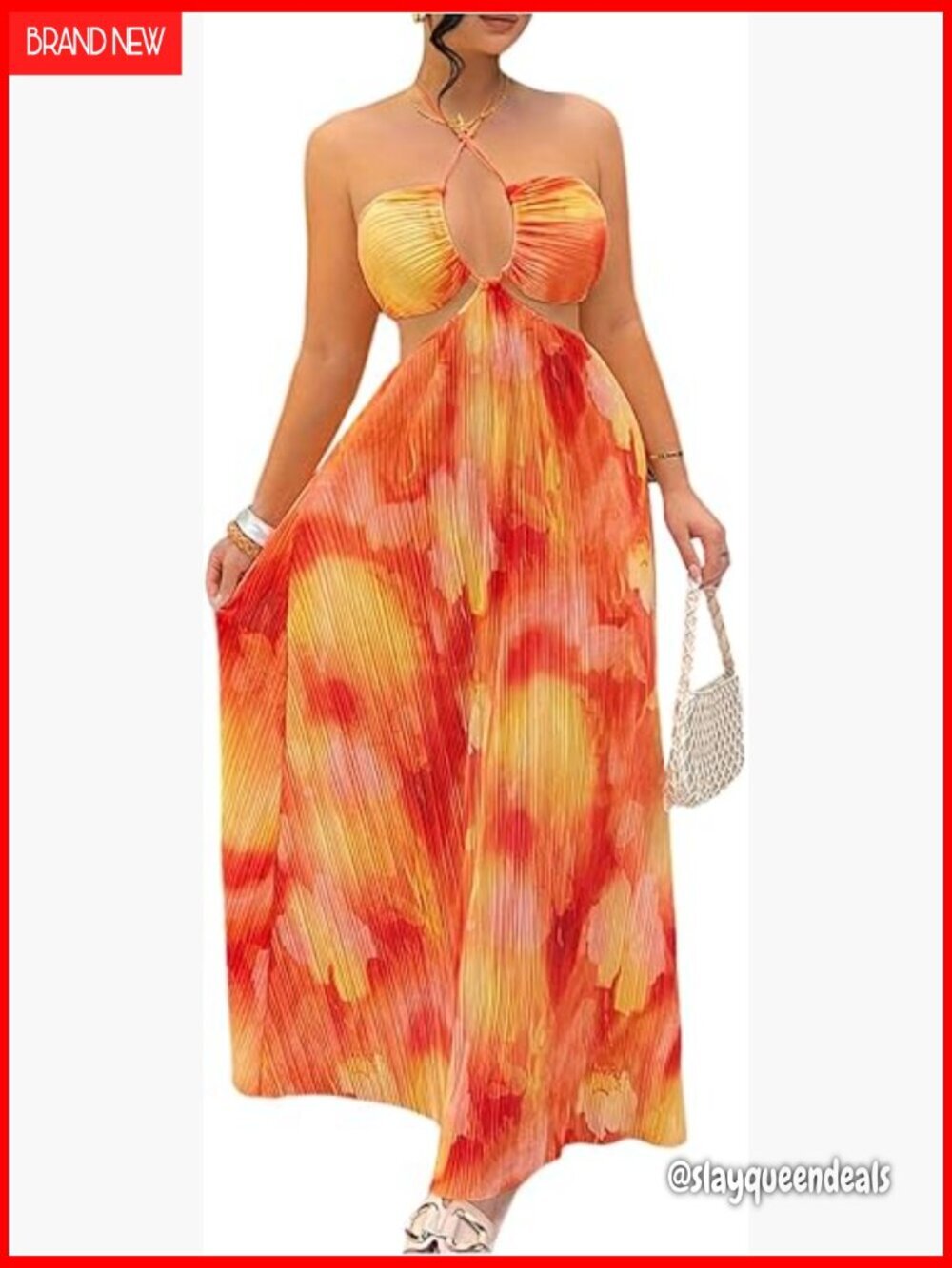 Tie Dye Sleeveless Halter Maxi Dress Pleated Backless Boho Beach